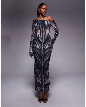 Murci Premium Sculpting Mesh Asymmetric Off Shoulder Flare Sleeve Maxi Dress - Blue