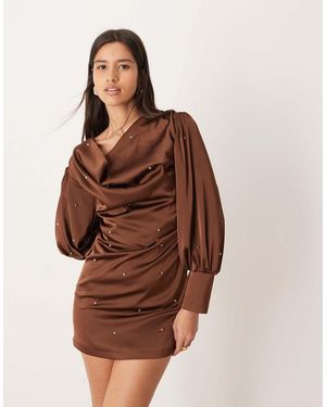 Ghospell Cowl Front Balloon Sleeve Satin Studded Mini Dress - Brown