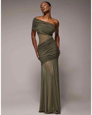 Goddiva Gathered One Shoulder Sheer Panel Maxi Dress - Green