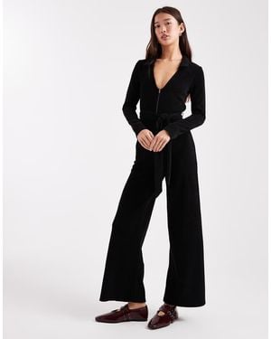 ASOS Cord Zip Collared Wide Leg Jumpsuit - Black