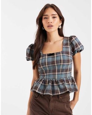 Daisy Street Ruffle Peplum Waist Puff Sleeve Blouse - Grey