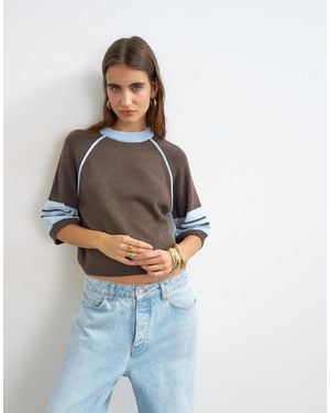 TOPSHOP Knitted Short Sleeve Top With Tipping - Blue