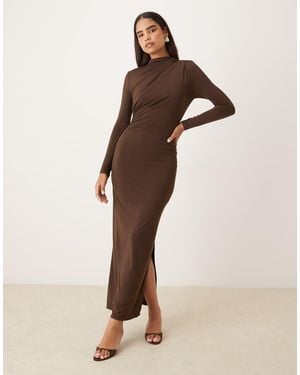 Glamorous Long Sleeve Ruched Bodycon Maxi Dress - Natural