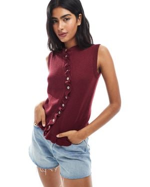 ASOS Knitted Tank Top With Irregular Placket And Ruffle Edge - Red