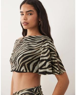 Kaiia Exclusive Textured Mesh Off Shoulder Crop Top Co-Ord - Multicolor