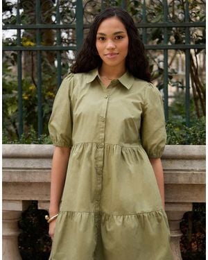 Threadbare Tiered Cotton Poplin Button Up Mini Dress - Green