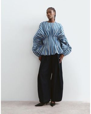 ARRANGE Top A Righe Blu Con Maniche A Volume, Pieghe E Vita Stretta