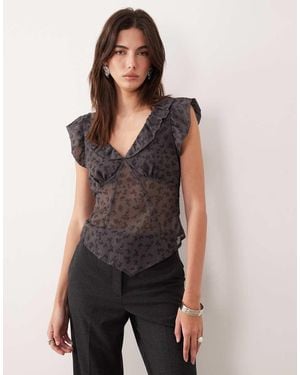 Motel Paquita Sheer Floral Ruffle Detail Top - Grey