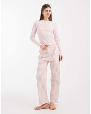 Brave Soul Cotton Long Sleeve Henley T-shirt And Gingham Pants Pyjama Set - Pink