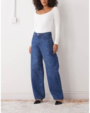 Monki Loose Fit Hotfix Embellished Jeans - Blue