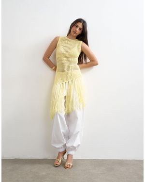 TOPSHOP Knitted Tape Fish Net Scoop Neck Top - White