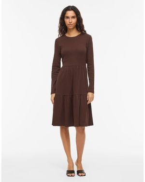 Vila Sleeved Vihollie Vestido Midi De Canalé, Cuello Redondo Y Manga Larga De Largo Medio En Marrón