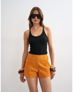 TOPSHOP Pantalones Muy Cortos Naranjas Con Parches De Ante Auténtico