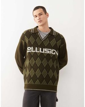 Collusion Knitted Argyle Boxy Sweater Sweater - Green