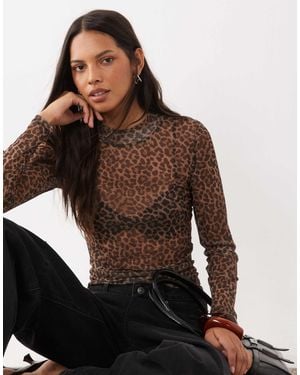 JJ Rebel Long Sleeved Mesh Leopard Print Top - Brown
