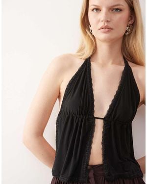 Collusion Backless Ruched Front Strappy Top With Lace Trim -brown - Black