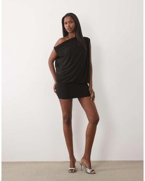 Missy Empire Double Sculpted Slinky Drape Off Shoulder Fitted Skirt Fold Over Detail Mini Dress - Black