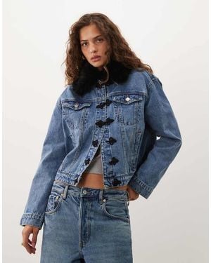 ASOS Denim Jacket With Frogging Detail And Fur Collar - Blue