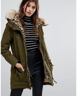 Vero Moda Parka With Faux Fur Leopard Print Hood - Green