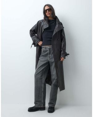 ASOS Funnel Leather Look Longline Trench Coat - Black