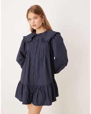 Glamorous Long Sleeve Poplin Pintuck Shirt Mini Dress - Blue