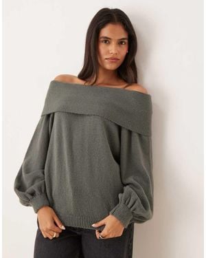 ASOS Oversized Knitted Off Shoulder Jumper With Balloon Sleeve - Grey