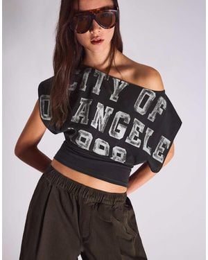 Bershka Asymmetrisch T-Shirt Met Print En Korte Mouwen - Grijs