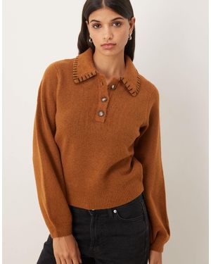 ASOS Blanket Stitch Collared Polo - Brown