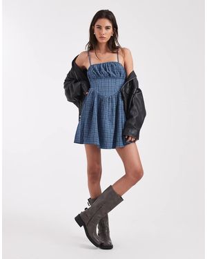 Wednesday's Girl Wednesdays Girl Tie Front Mini Milkmaid Dress - Blue