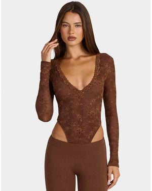 Oh Polly Lace Plunge Neck Long Sleeve Bodysuit - Brown