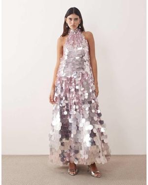 ARRANGE Disc Sequin Halter Trapeze Maxi Dress - Pink