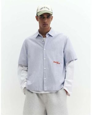 Pull&Bear Striped Short Sleeve Poplin Shirt - Blue