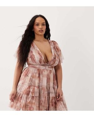 Lace & Beads Plus Tulle Plunge Neck Flutter Sleeve Tiered Mini Dress - Pink