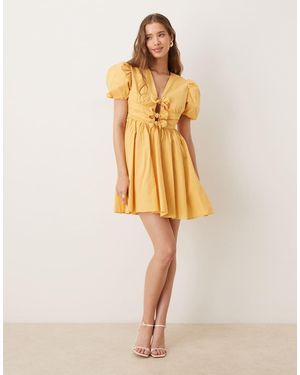 Sister Jane Dream Bow Front Puff Sleeve Mini Dress - Natural