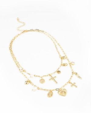 Lovisa Plated Freshwater Pearl, Cross & Heart Charm Necklace - Metallic
