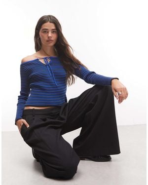 Collusion Off The Shoulder Long Sleeve Cut Out Knitted Top - Blue
