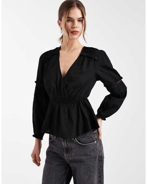 Wednesday's Girl V Neck Peplum Textured Long Sleeve Top - Black