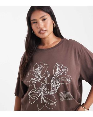 ONLY T-Shirt Oversize Con Grafica Di Ibisco - Marrone