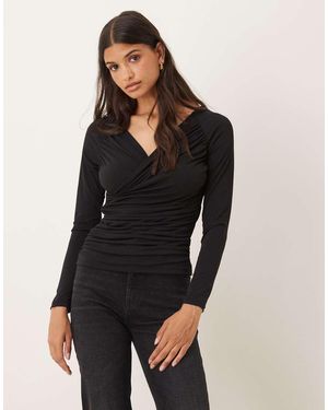 Aware Slinky Wrap Front Drapey Top - Black