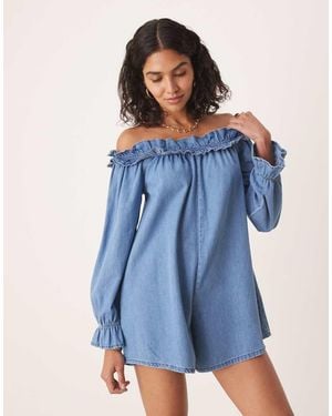 ASOS Soft Denim Off The Shoulder Playsuit With Frill Detail - Blue