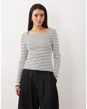 Mango 100% Cotton Long Sleeve Square Neck Top - White