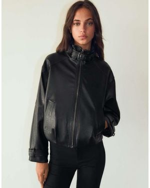 Bershka Leather Effect Funnel Neck Jacket - Blue