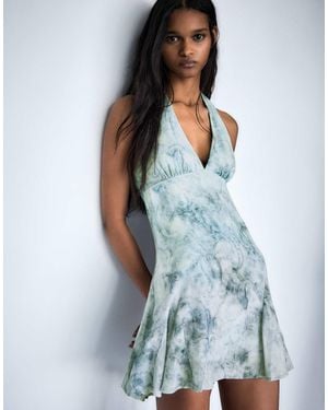Bershka Robe courte dos nu imprimée - jean - Bleu