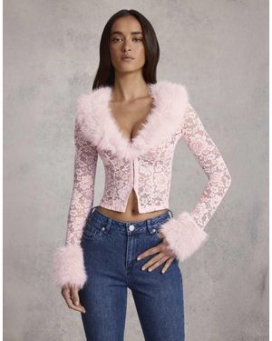 Oh Polly Faux Fur Trim Long Sleeve Cardigan - Pink