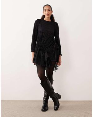 Ghospell Vestido Corto Fruncido Con Detalle De Lazada De Encaje De Mezcla De Algodón De - Negro