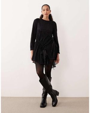 Ghospell Cotton Blend Lace Ruched Tie Detail Mini Dress - Black