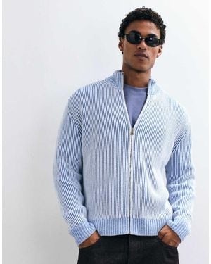 ASOS Knitted Oversized Zip Through Ribbed Funnel Neck - Blue