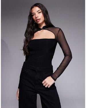 ASOS Mesh Slinky Rouleau Loop Long Sleeve Top With Cutout - Black