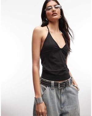 Weekday Slim Strap V Neck Halter Top - Black