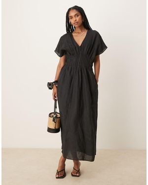 Mango Ramie Linen Blend Drape Sleeve Midaxi Dress With Ruched Pleated Detail Waist And Side Split - Black